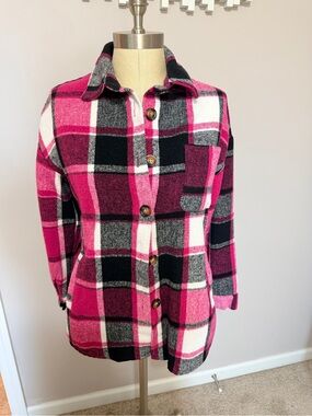 Pink Plaid Oversized Button-Down Shirt Jacket